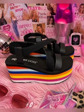 Rocket Dog Black Strappy Platform Sandals with Rainbow Stripes